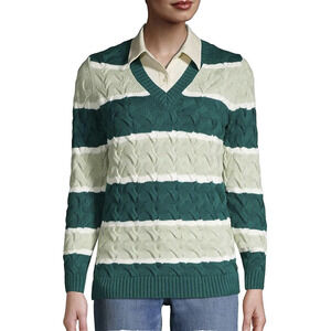 Lands End Womens Drifter Cable Knit V Neck Stripe Sweater Size M Rugby Chunky